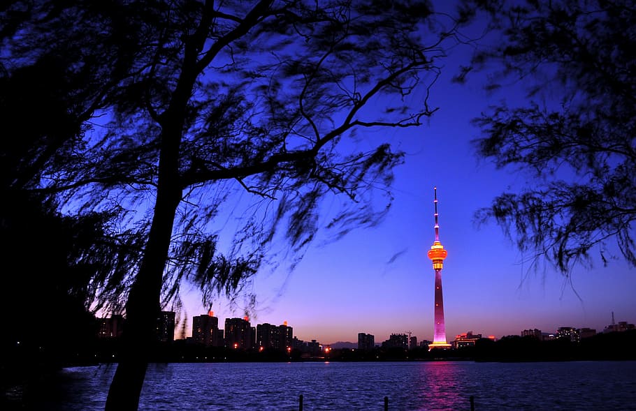 lighted CN tower, beijing, tower telecom, china, architecture HD wallpaper