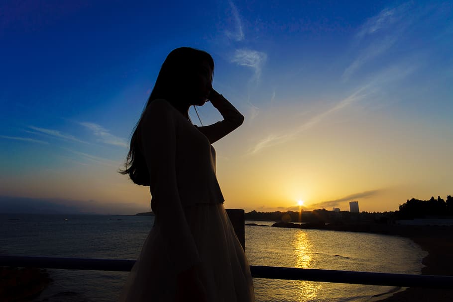 sunset, twilight, dawn, waters, sky, one person, nature, lifestyles HD wallpaper