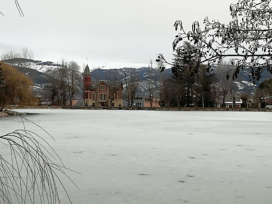 ice lake, winter, pyrenees, snow, cold temperature, tree, architecture HD wallpaper