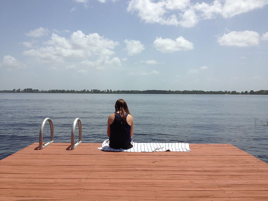solitude, alone, dock, female, girl, lake, pier, thinking, meditate HD wallpaper