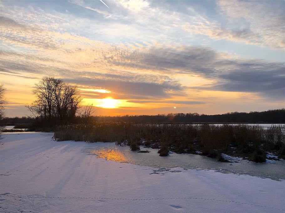 sunset, lake snow, clouds, frozen, dusk, evening, winter, frost HD wallpaper