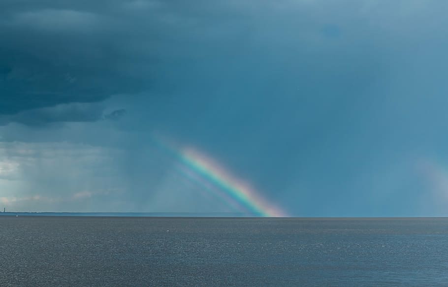 rainbow, landscape, nature, dark sky, summer, water, blue, beauty in nature HD wallpaper