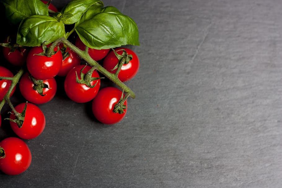 red tomatoes on gray surface, vegetables, cherry tomatoes, food HD wallpaper