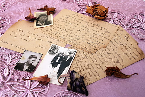 three assorted photos on pink textile, old letter, paper, document HD wallpaper