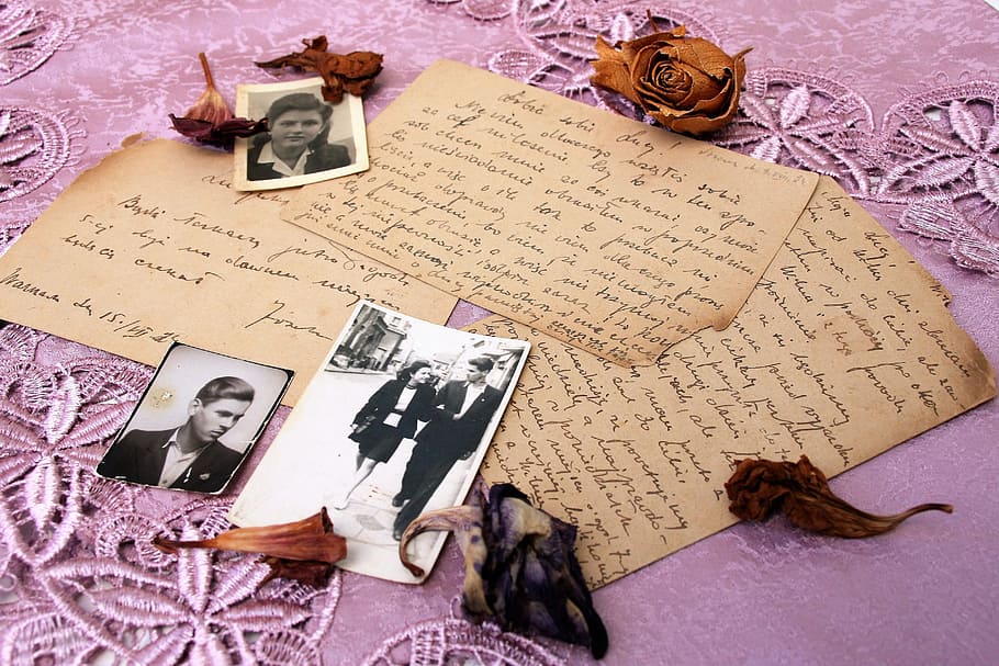 three assorted photos on pink textile, old letter, paper, document, HD wallpaper