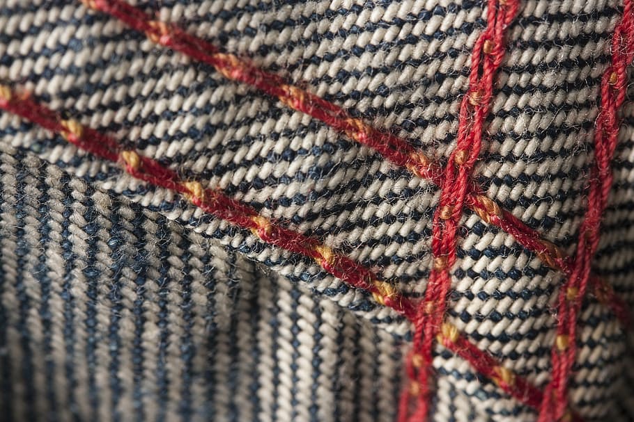 jeans, sewing, red, macro, detail, fabric, textile, pants, yarn HD wallpaper