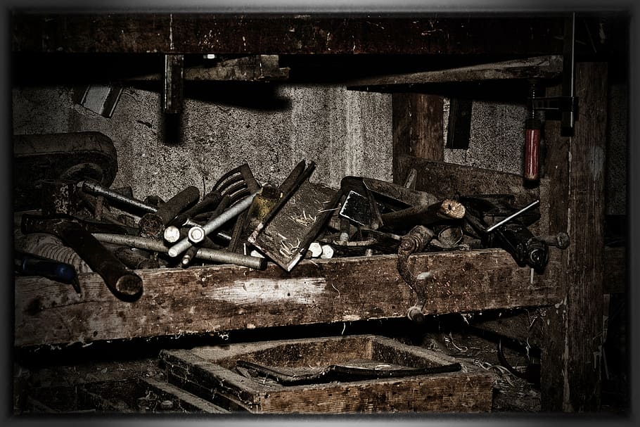 workshop, lumber, iron, metal, wood, tool, old, dirty, old photo HD wallpaper