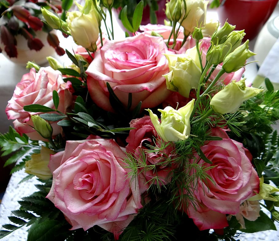 pink rose, bouquet of roses, feast day, love, birthday, flower, HD wallpaper