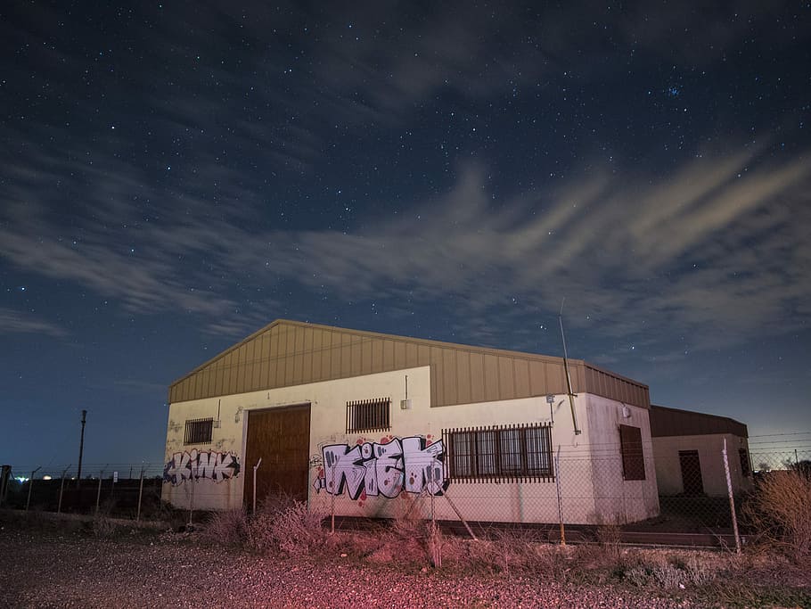 House, Clouds, Buildings, Night, graffiti, abandoned, sky, cloud - sky HD wallpaper