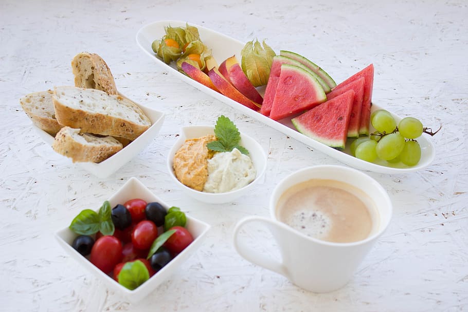 variety of food, Breakfast, Healthy, Fruit, Vegetables, hummus HD wallpaper