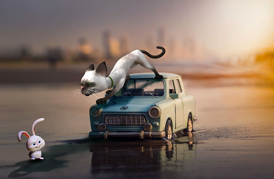 white cat and rabbit digital artwork, Hare, Prey, Hunt, hunting HD wallpaper