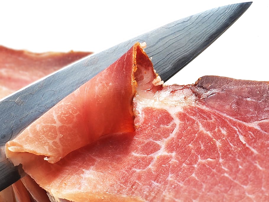 bacon strip, ham, knife, eat, food, delicious, chunks, smoked, HD wallpaper