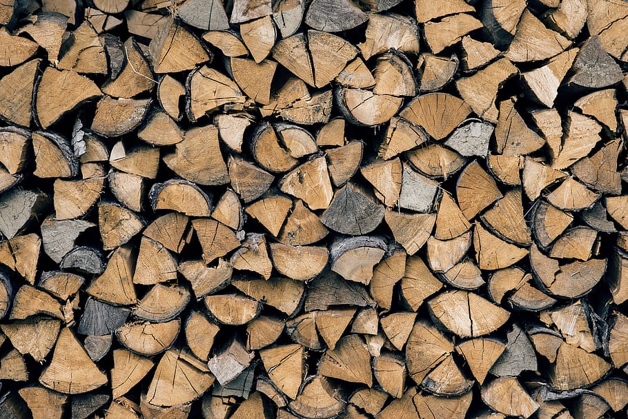 pile of brown firewood, brown firewood lot, wood pile, log, stack