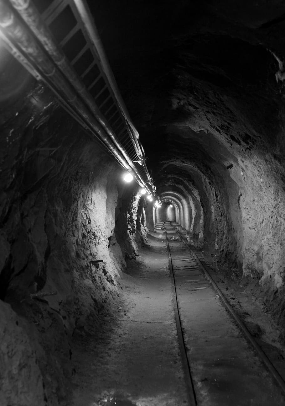 mine, cave, underground, tunnel, black white, illuminated, direction, HD wallpaper
