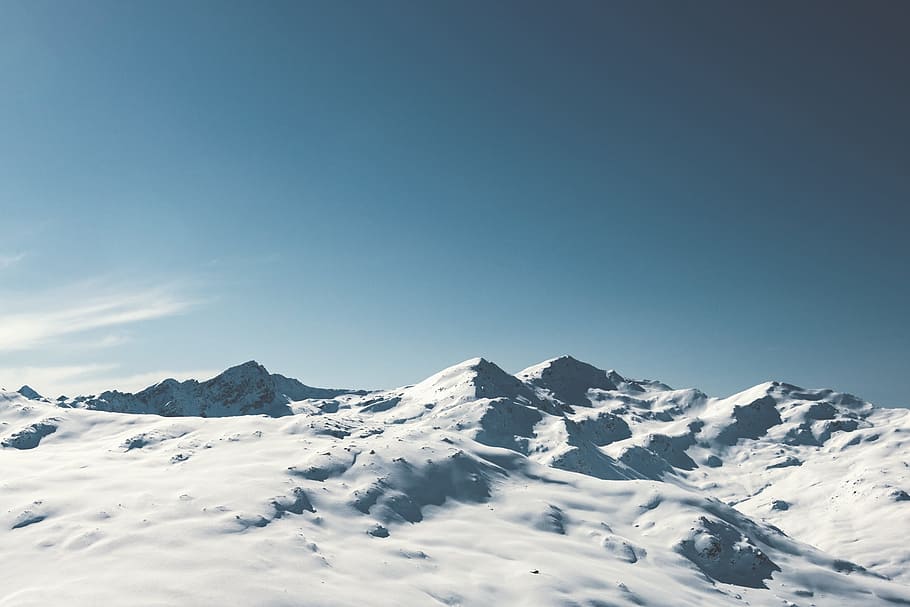 snow, cold, winter, mountains, peak, summit, blue, sky, nature HD wallpaper