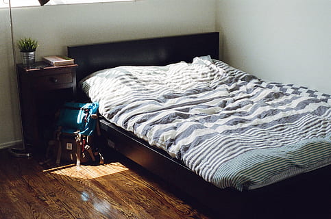 brown wooden bed frame with gray mattress, black, white, bedspread HD wallpaper