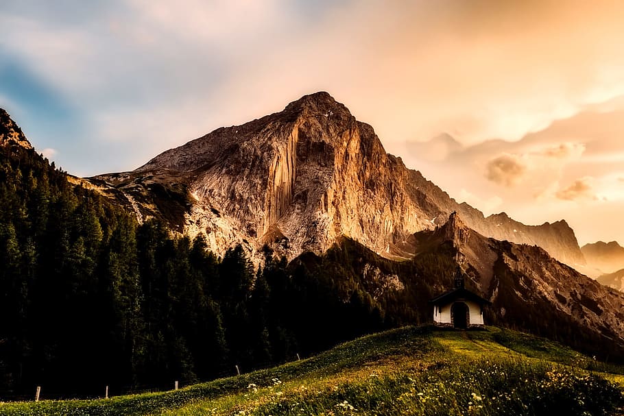 austria, chapel, landscape, mountains, valley, forest, trees HD wallpaper