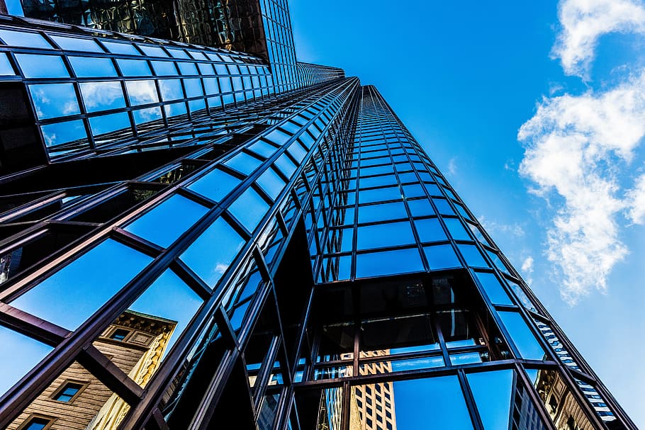 worms eye view photography of building, boston, mirroring, skyscraper HD wallpaper