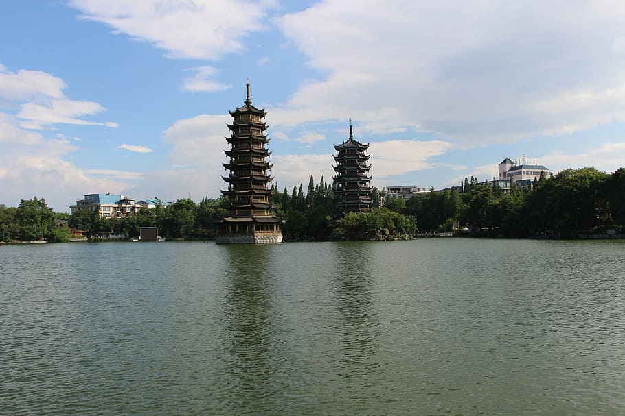 guilin, sun and moon twin towers, shwedagon pagoda silver pagoda, HD wallpaper