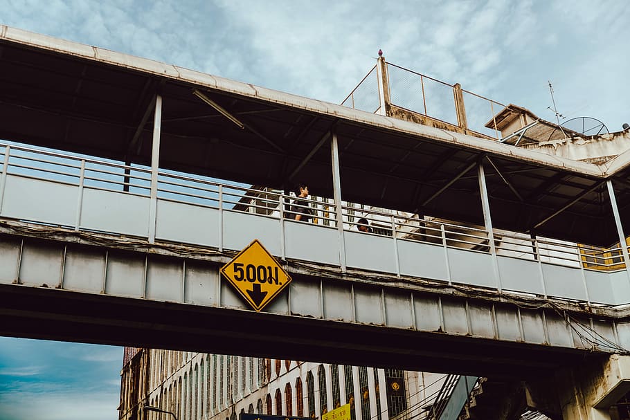 photo of white metal overpass, gray footbridge, old, sign, warning HD wallpaper