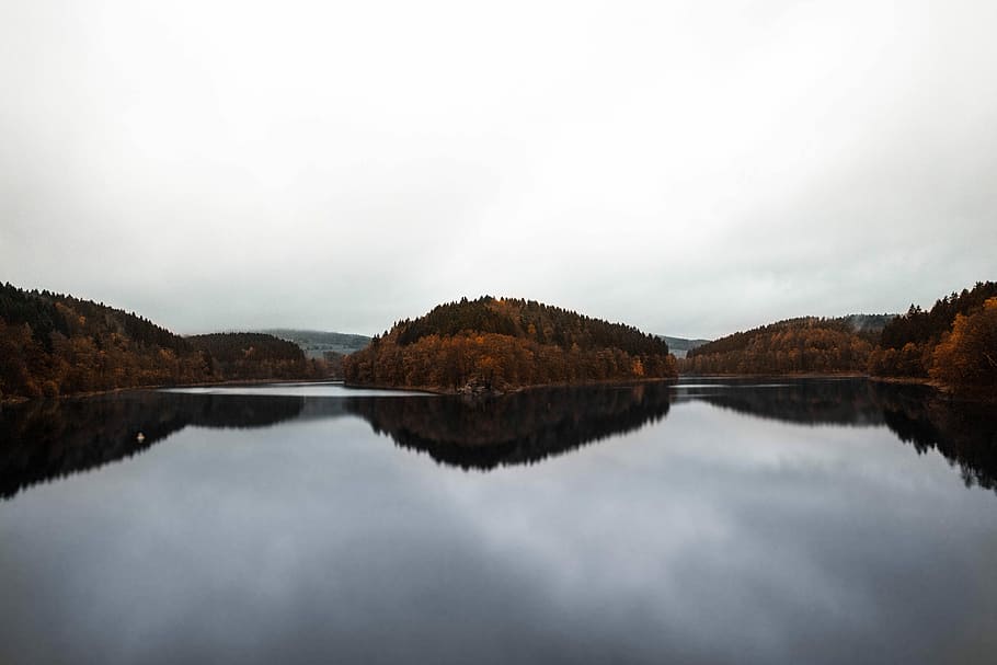 lake under cloudy sky, photo of glassy body of water and trees under white clouds at daytime HD wallpaper