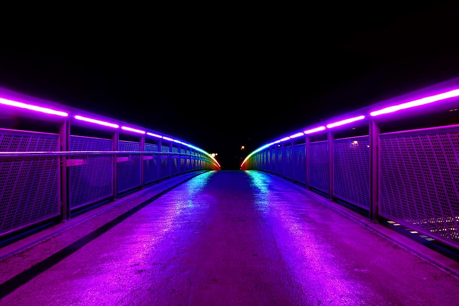 empty bridge with purple and blue neon lights, color, night HD wallpaper