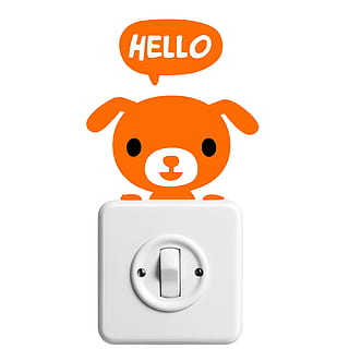 white power switch with text overlay, sticker, dog, hello, light switch HD wallpaper