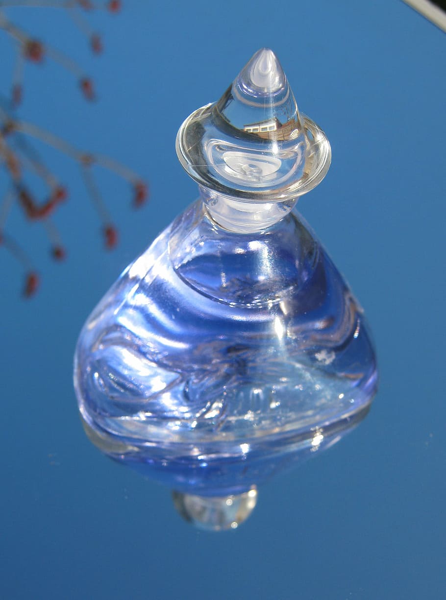 Bottle, Perfume, blue, reflecting, scented, no people, perfume sprayer HD wallpaper