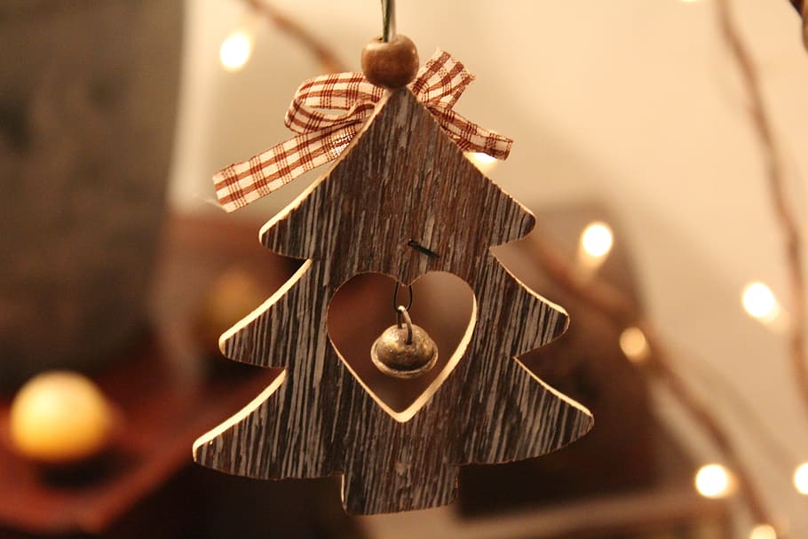 brown wooden christmas tree cutout hanging ornament, decoration
