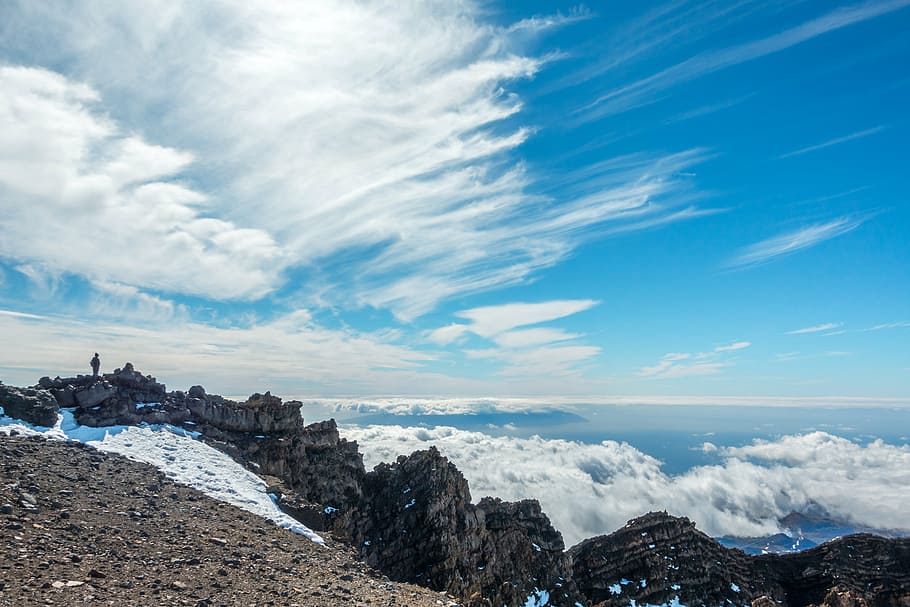 clouds, landscape, mountain, mountain peak, person, rock, rocks HD wallpaper