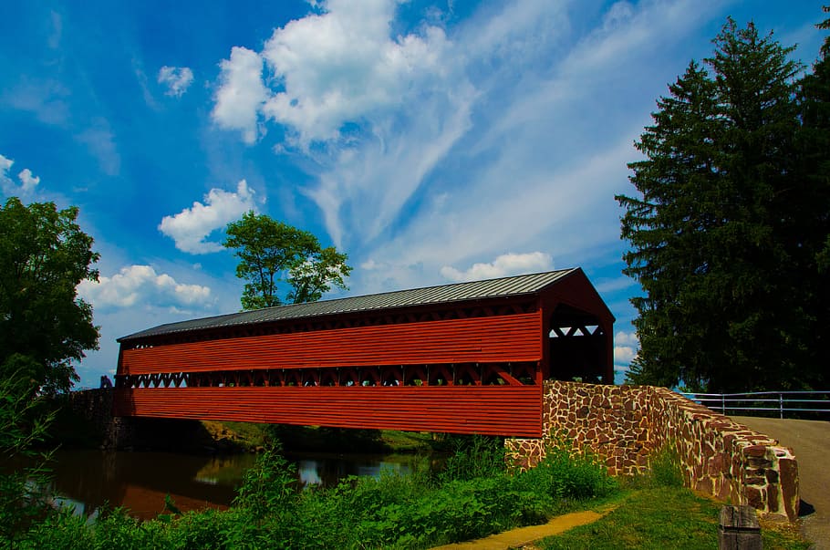 bridge, sky, clouds, cloud - sky, plant, tree, architecture HD wallpaper