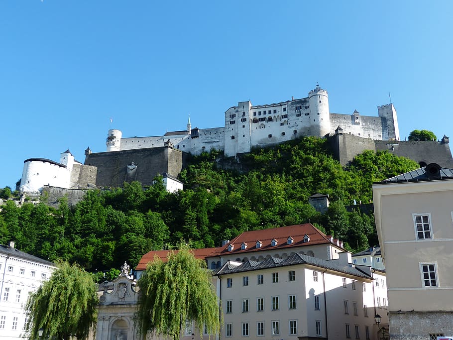 hohensalzburg fortress, castle, landmark, austria, town hill, HD wallpaper