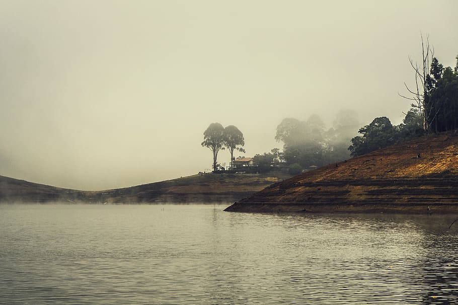 brown house near tree with fogs, dam, water, cold, winter, são paulo HD wallpaper