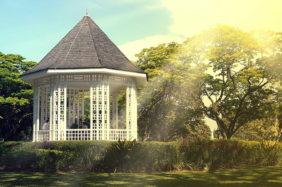 white gazebo near tree, brown, concrete, gazeebo, daytime, sunshine HD wallpaper
