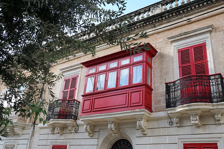 Balcony, Home, Malta, Facade, Building, architecture, red, window HD wallpaper