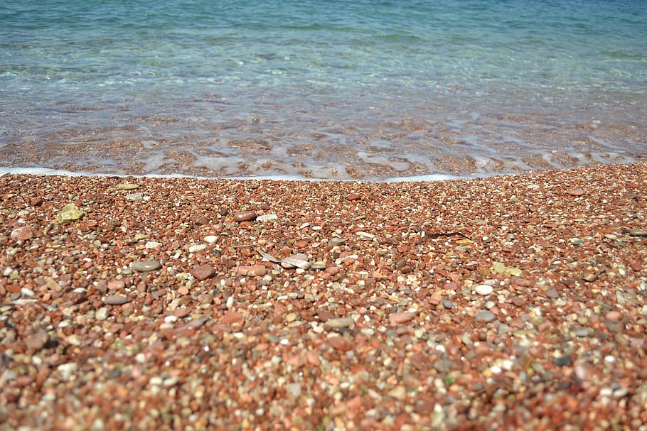 brown pebbles on seashore nearby sea, beach, montenegro, blue, HD wallpaper