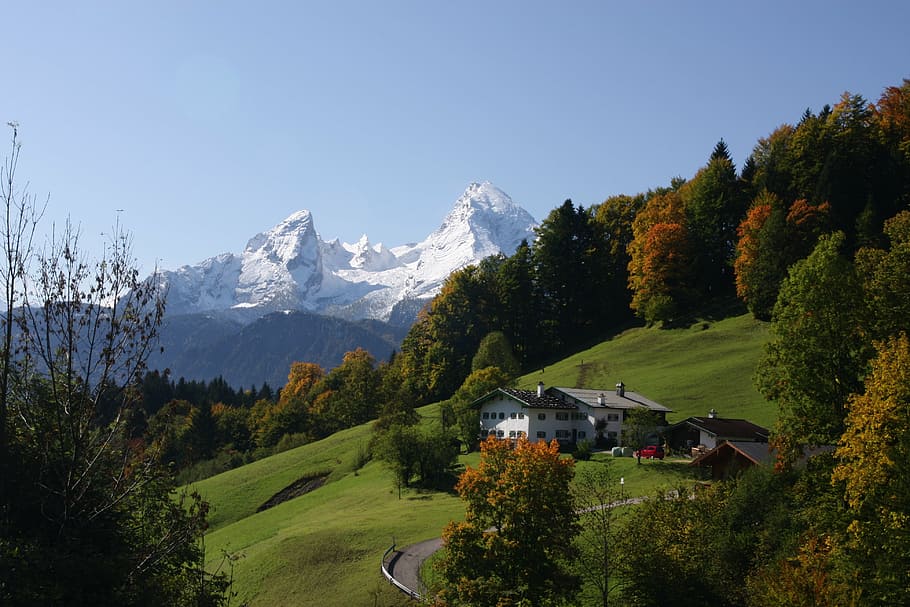 white and brown house on green grass field, berchtesgaden, bavaria, HD wallpaper