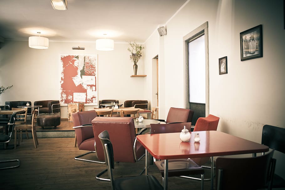 cafe, interior design, gastronomy, seat, chair, table, indoors HD wallpaper