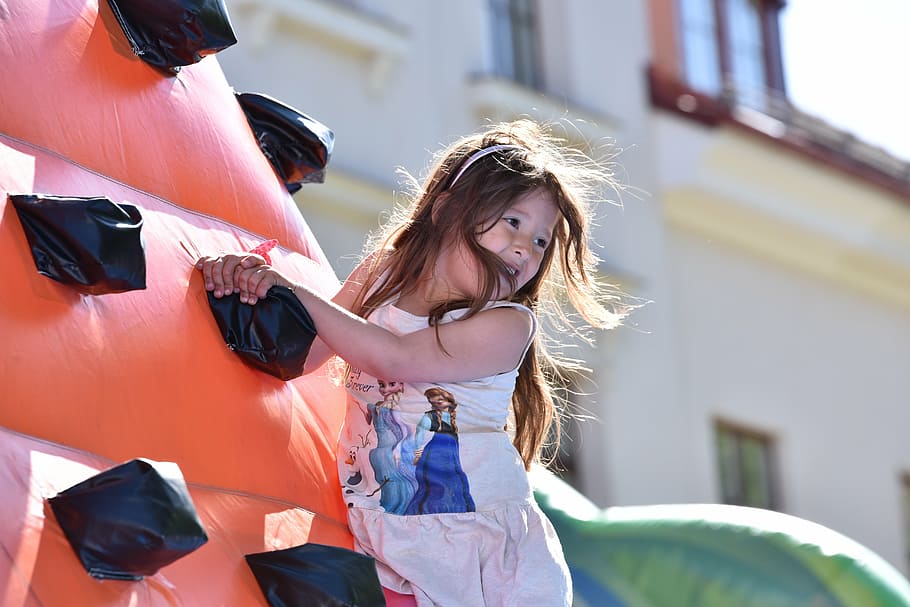 jumping castle, children, climbs, wind, hair, windy, women HD wallpaper