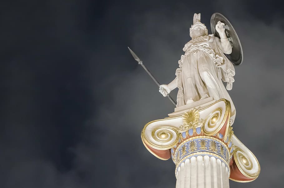Athena statue view from base during nighttime, goodness, europe, HD wallpaper