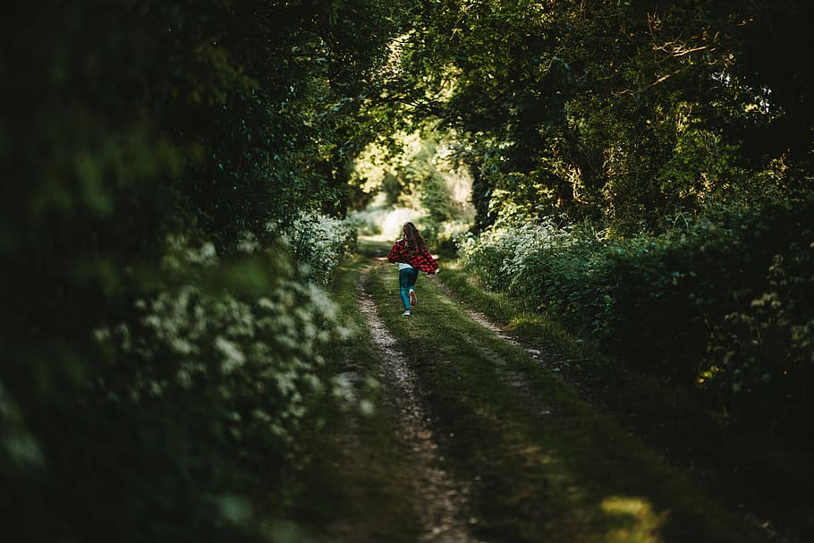 woman in red shirt and green pants walking on grass road between trees during daytime, woman at garden during daytime HD wallpaper