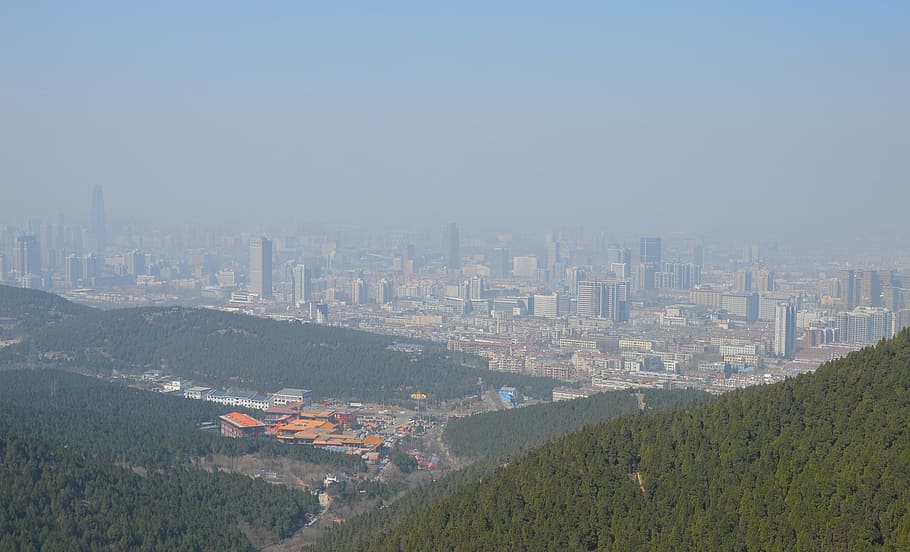 aerial shot of buildings, Mountain, City, China, Pollution HD wallpaper