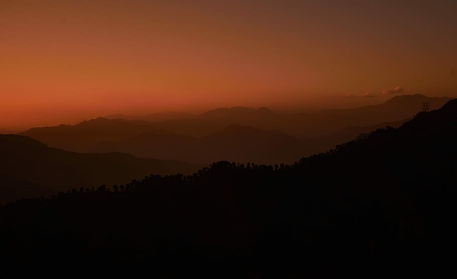 silhouette photography of forest, sunset, mountains, orange HD wallpaper