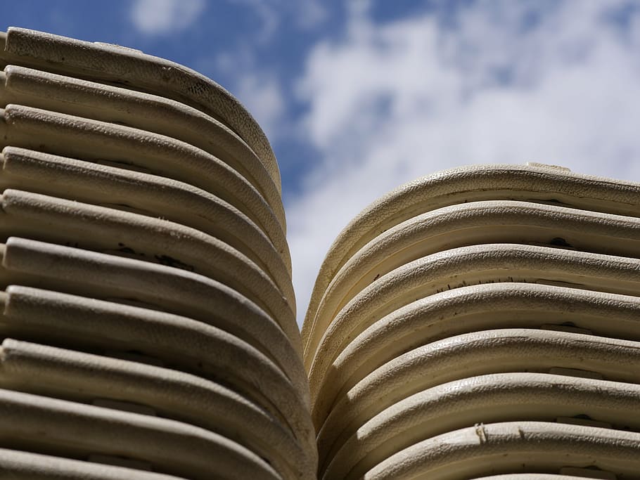 stack of chairs, pile, cloud - sky, no people, close-up, nature HD wallpaper