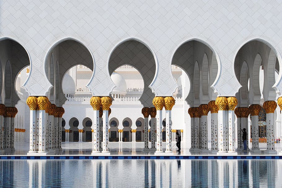 outdoor pool in white building, Abu Dhabi, White Mosque, Emirates, HD wallpaper