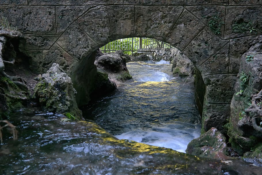 body of water flowing on gray stones, bach, bridge, waterfall HD wallpaper