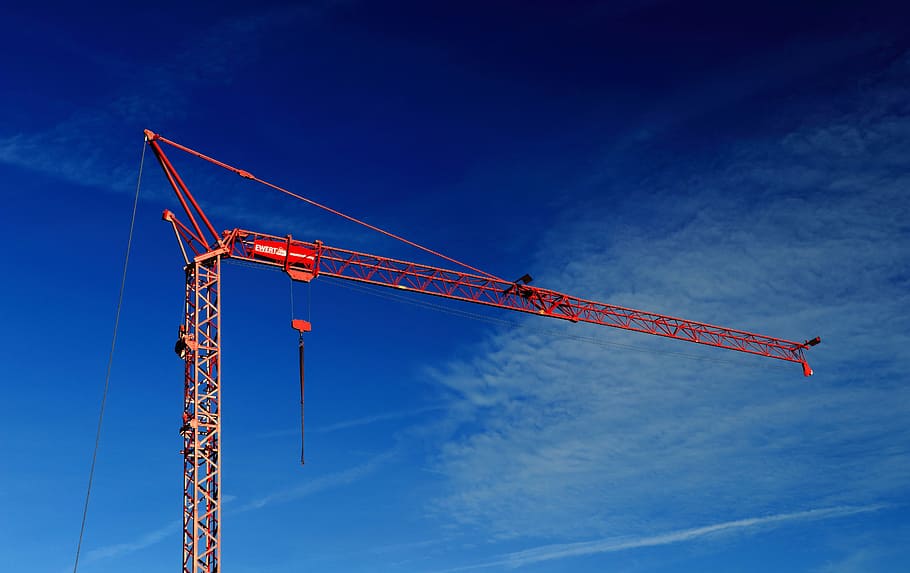 red tower crane, baukran, site, technology, construction work HD wallpaper