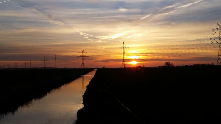 current, dusk, twilight, sun, mood, power poles, river, channel HD wallpaper