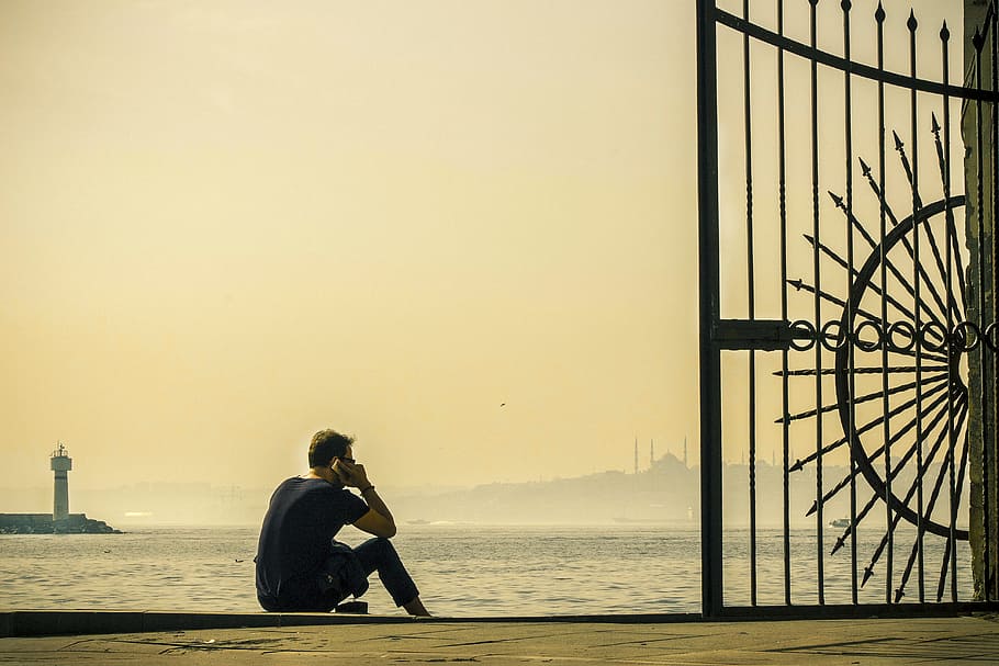 sea, sky, man, person, gate, ocean, water, one person, nature HD wallpaper
