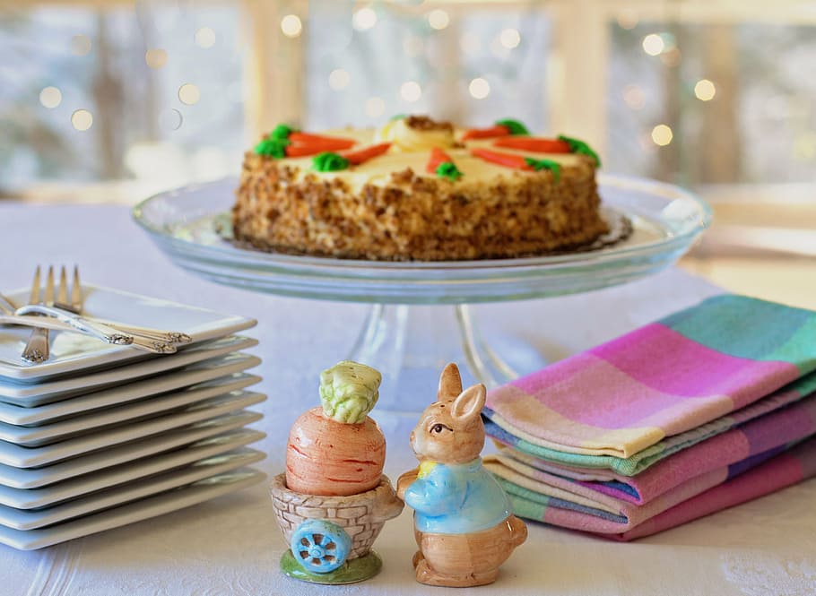 round 1-layer cake on clear glass footed tray, easter, spring HD wallpaper